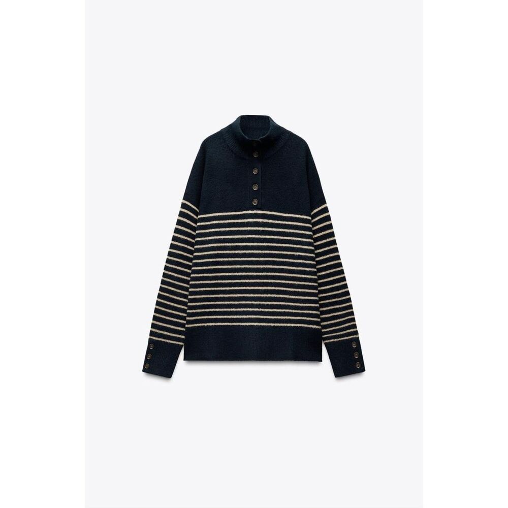 ZARA Navy & Cream Striped Mock Neck Knit Sweater Size M
